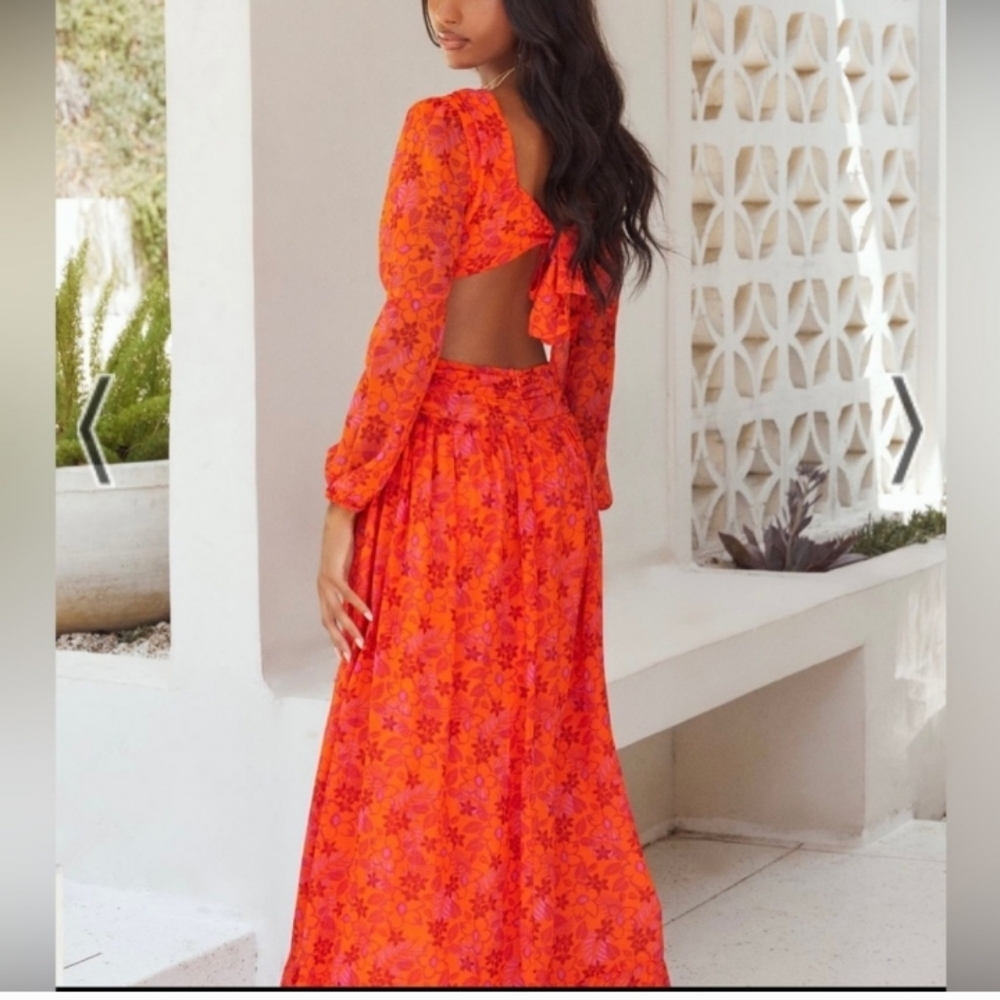 VICI Floral Orange and Pink Maxi Dress Cut-out detail Sz-L - Picture 6 of 7